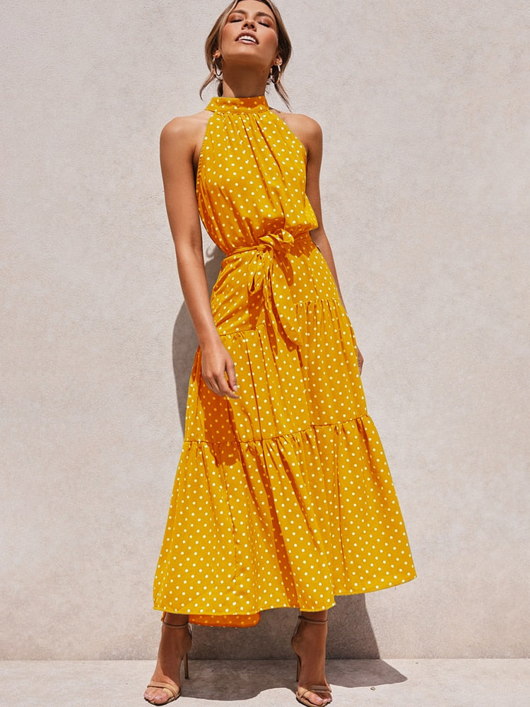 Sommer langes Kleid Polka Dot Freizeitkleider Schwarz Halfter trägerlos, gelbes Sommerkleid Urlaubskleidung für Frauen