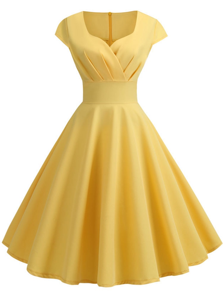 Rosa Sommerkleid Damen V-Ausschnitt Big Swing Vintage Kleid Robe Femme Elegant Retro Pin Up Party Büro Midi Kleider