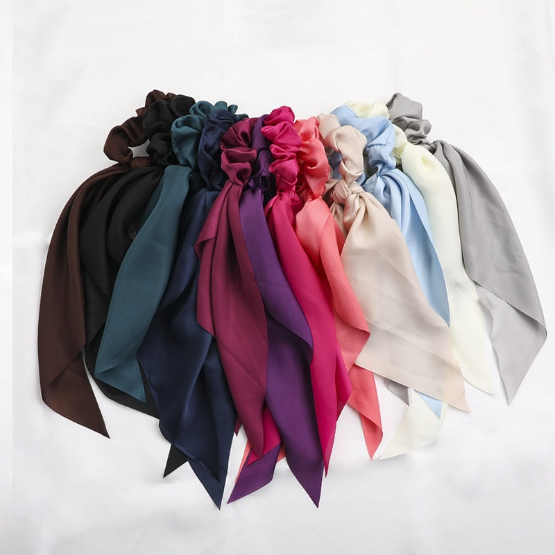 Fashion Solid Color Bow Satin Long Ribbon Ponytail Scarf Hair Tie Scrunchies Women Girls Elastic Hair Bands Hair Accessories