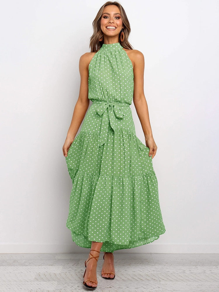 Sommer langes Kleid Polka Dot Freizeitkleider Schwarz Halfter trägerlos, gelbes Sommerkleid Urlaubskleidung für Frauen