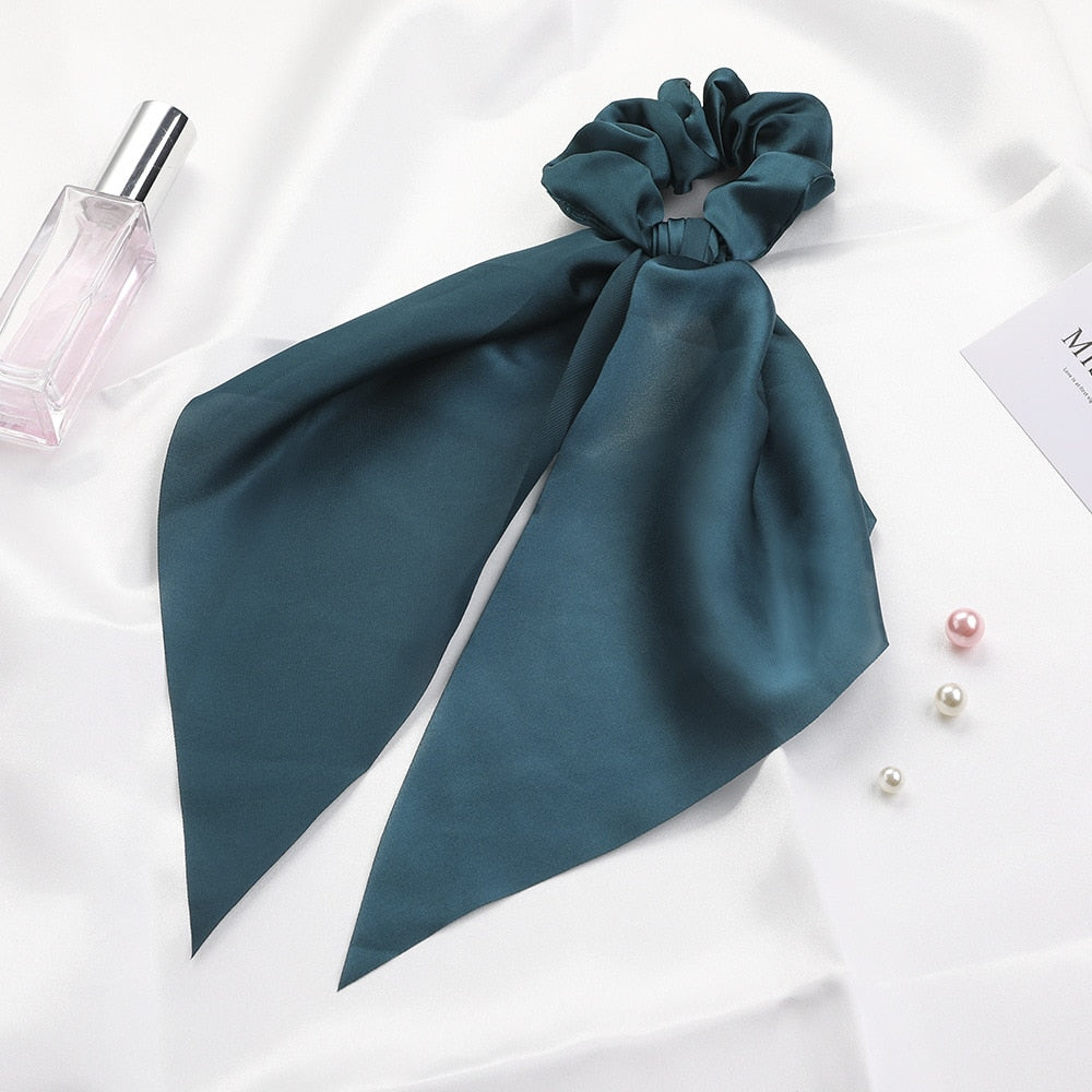 Fashion Solid Color Bow Satin Long Ribbon Ponytail Scarf Hair Tie Scrunchies Women Girls Elastic Hair Bands Hair Accessories