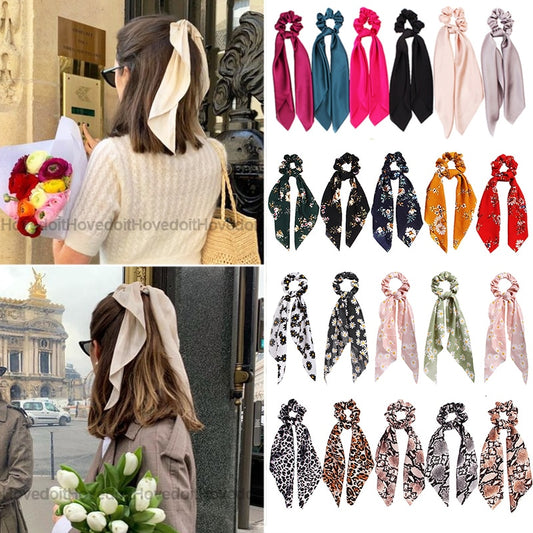 Fashion Solid Color Bow Satin Long Ribbon Ponytail Scarf Hair Tie Scrunchies Women Girls Elastic Hair Bands Hair Accessories