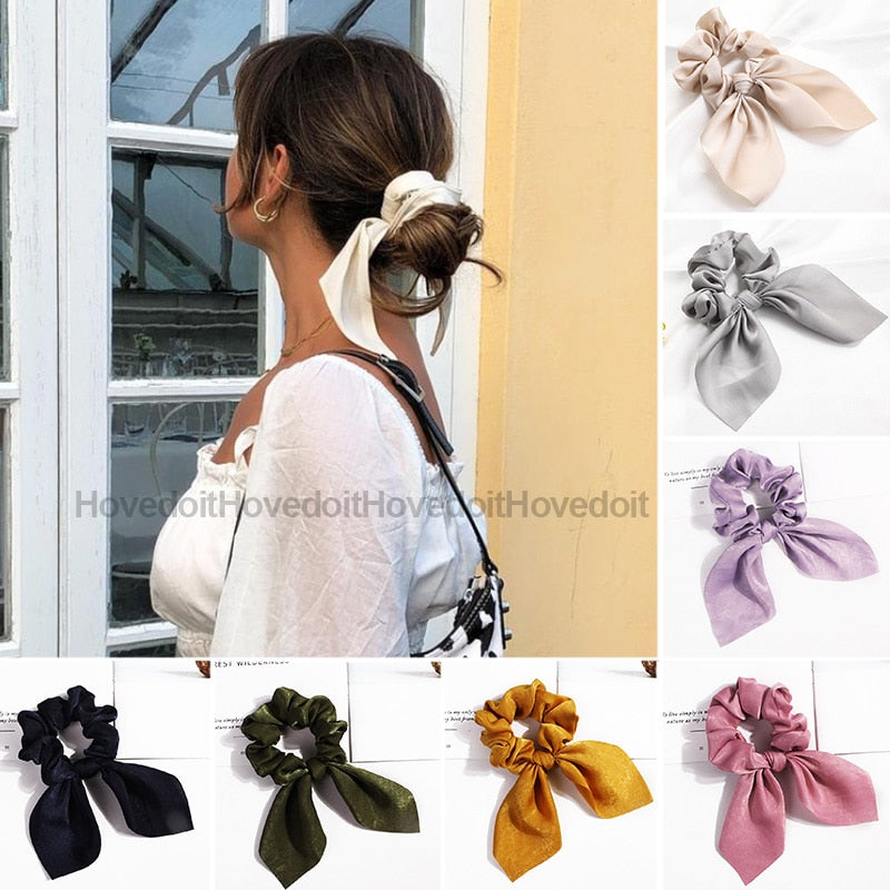 Chiffon Bowknot Elastic Hair Bands For Women Girls Solid Color Scrunchies Headband Hair Ties Ponytail Holder Hair Accessorie