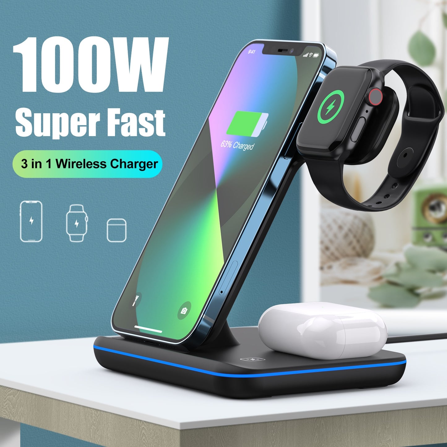 Wireless Charger Stand 15W, Qi Fast Charging Station, Dock for Apple Watch, iWatch 7 AirPods, iPhone