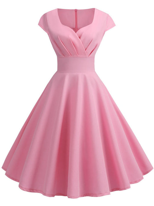 Robe d'été rose femmes col en v grande balançoire Robe Vintage Robe Femme élégante rétro pin up fête bureau robes mi-longues