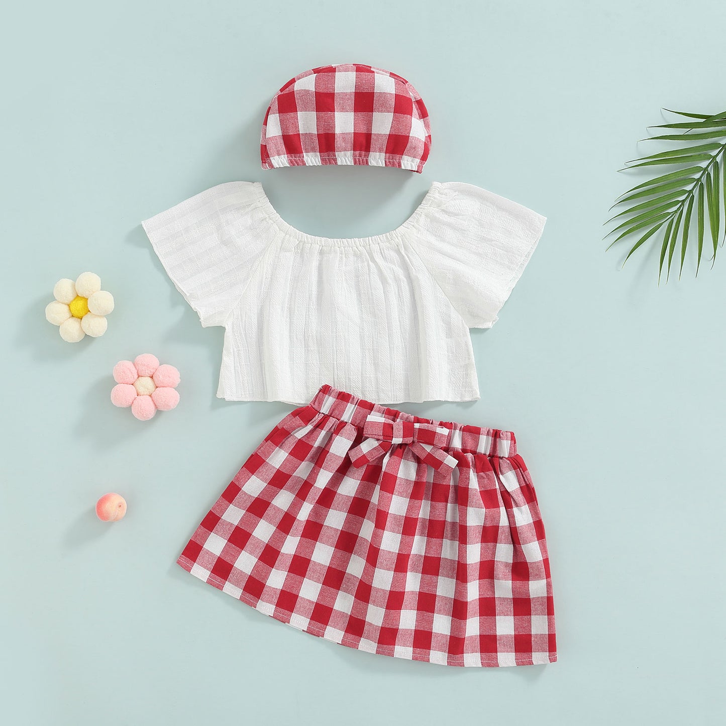 3Pcs Set 0-24M Newborn Baby Girl Clothes Cute Summer Off Shoulder Lace Tops+ Red Plaid Short Dress Headband Outfit