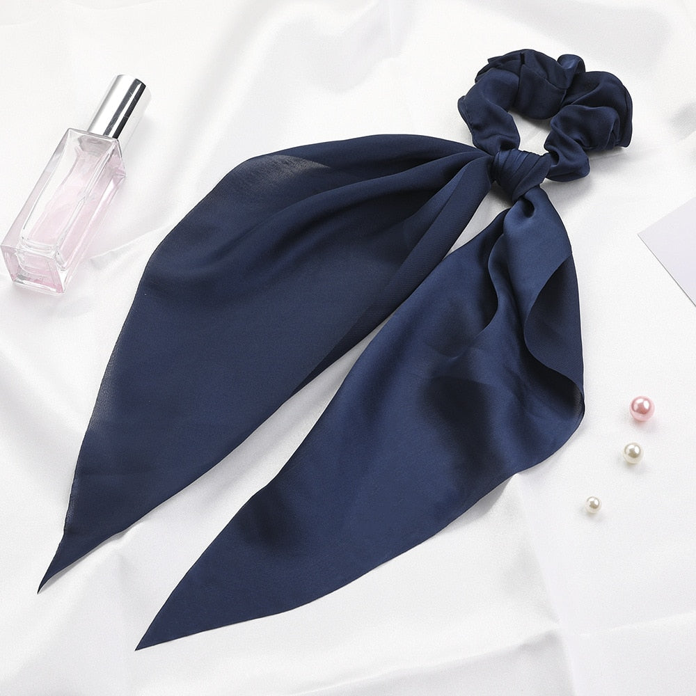 Fashion Solid Color Bow Satin Long Ribbon Ponytail Scarf Hair Tie Scrunchies Women Girls Elastic Hair Bands Hair Accessories