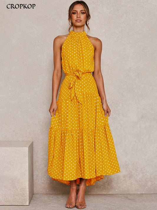 Robe longue d'été à pois robes décontractées licou noir sans bretelles, robe d'été jaune vêtements de vacances pour femmes