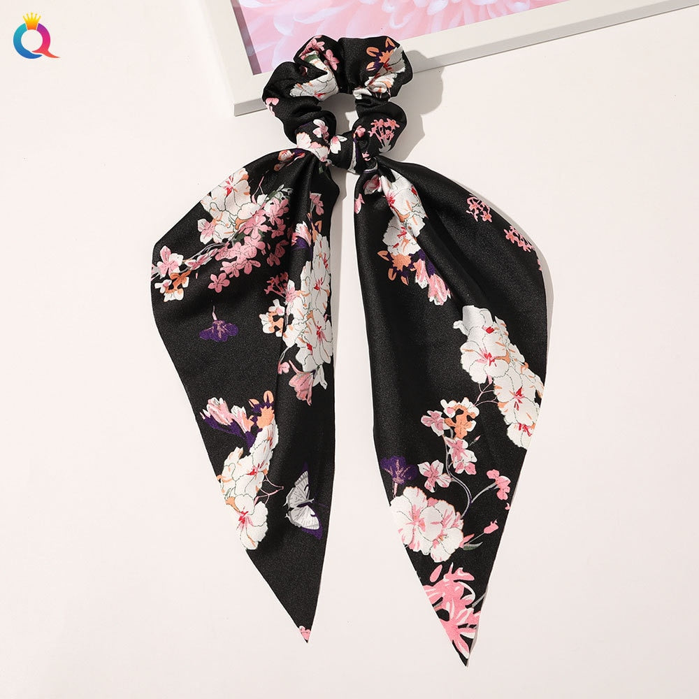 Fashion Solid Color Bow Satin Long Ribbon Ponytail Scarf Hair Tie Scrunchies Women Girls Elastic Hair Bands Hair Accessories