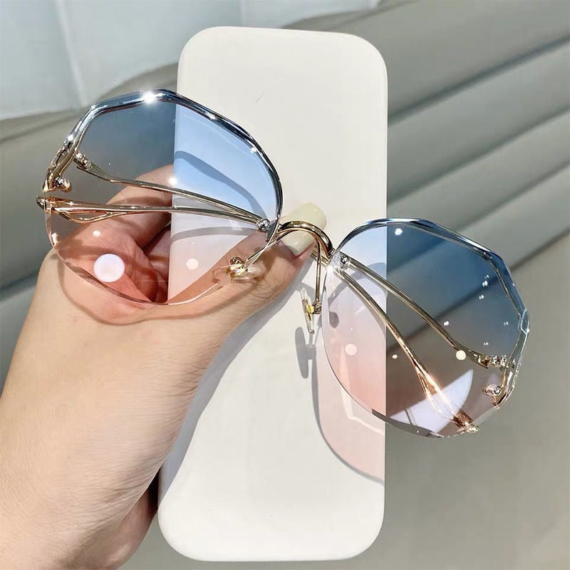 Fashion Tea Gradient Sunglasses Women Ocean Water Cut Trimmed Lens Metal Curved Temples Sun Glasses Female UV400