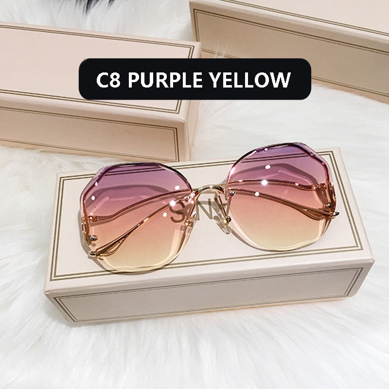 Fashion Tea Gradient Sunglasses Women Ocean Water Cut Trimmed Lens Metal Curved Temples Sun Glasses Female UV400