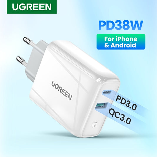 38 W schnelles USB-Ladegerät, Quick Charge 4.0, 3.0, Typ C PD-Schnellladung, USB-Ladegerät, QC 4.0, 3.0, Telefonladegerät