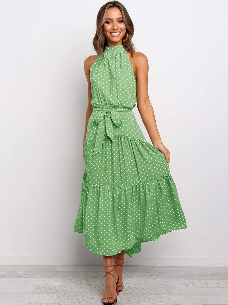 Sommer langes Kleid Polka Dot Freizeitkleider Schwarz Halfter trägerlos, gelbes Sommerkleid Urlaubskleidung für Frauen