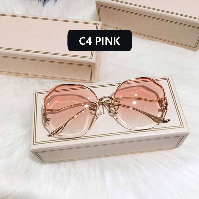 Fashion Tea Gradient Sunglasses Women Ocean Water Cut Trimmed Lens Metal Curved Temples Sun Glasses Female UV400