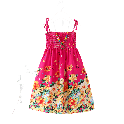 Summer Girls Floral Dress Sling Ruffles Bohemian Beach Princess Dresses for Girl Clothing 2 / 6 / 8 / 12 Years With Necklace Gift