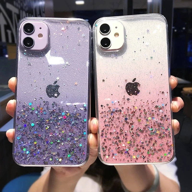 Klare Glitzer-Telefonhülle für iPhone 13 12 Pro 11 14 Pro Max XS Max XR X 7 8 Plus SE 2020 Niedlicher Regenbogen-Pailletten-Coque mit Farbverlauf